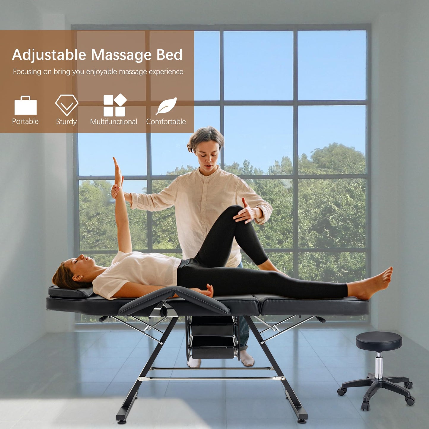 KEIKI Massage Salon Tattoo Chair Esthetician Bed with 2 Tray, Hydraulic Stool, Wide Leg Multi-Purpose 3-Section Facial Bed Table with Adjustable Spa Beauty Equipment, Easy Assembly, Black