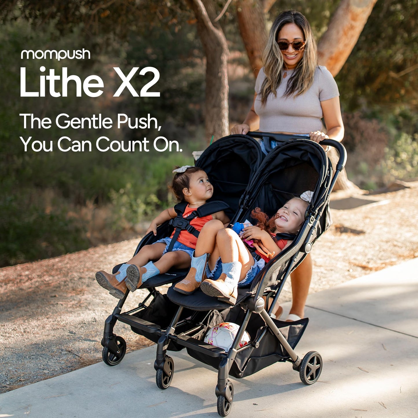 Mompush Lithe Double Stroller for Infant and Toddler, Lightweight Side by Side Twin Stroller, Only 25 lbs, 30-Inch Slim Fit Through Doorways, One-Step Fold, Independent Recline, UPF 50+ Canopy
