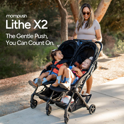 Mompush Lithe Double Stroller for Infant and Toddler, Lightweight Side by Side Twin Stroller, Only 25 lbs, 30-Inch Slim Fit Through Doorways, One-Step Fold, Independent Recline, UPF 50+ Canopy