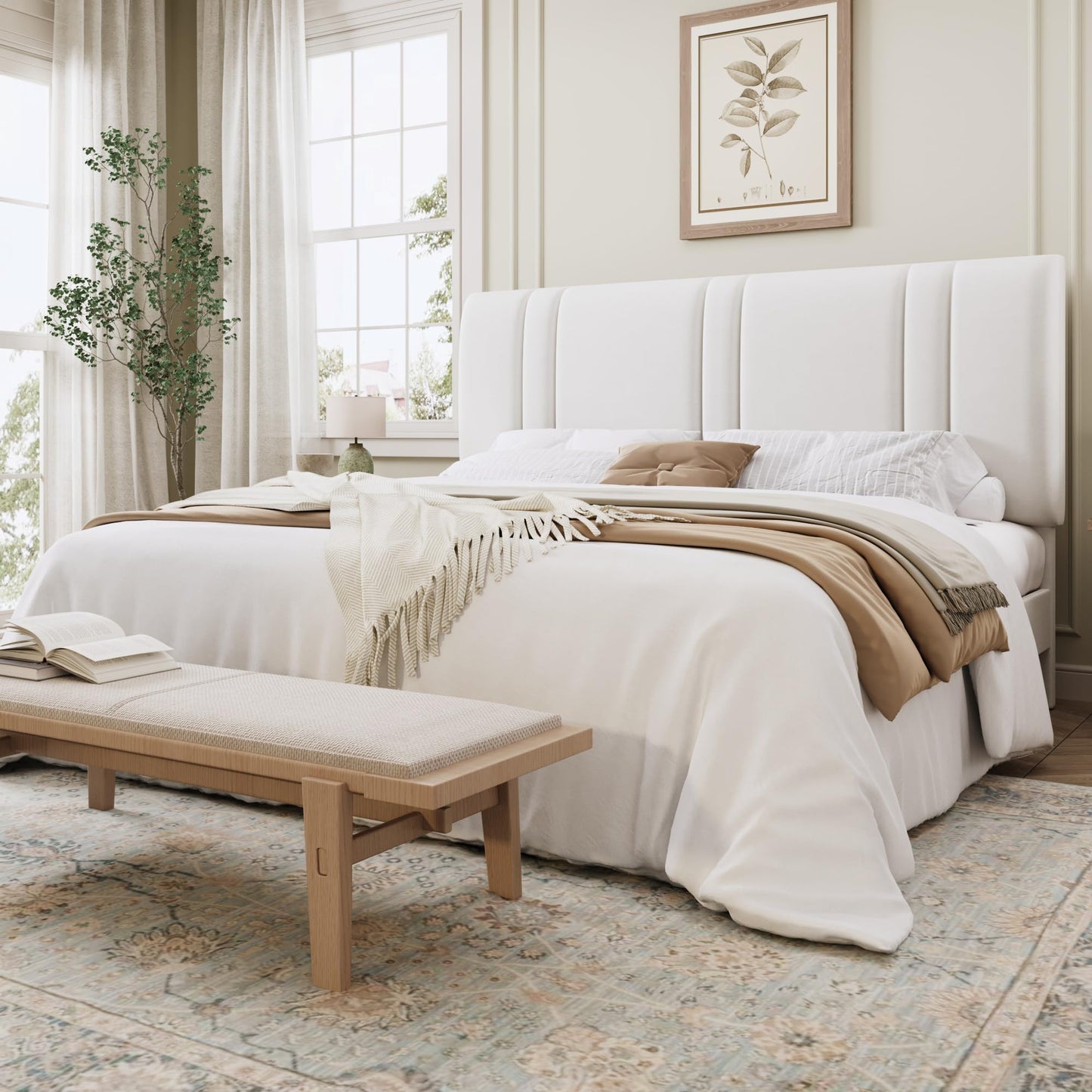 SHA CERLIN King Size Platform Bed Frame, Velvet Upholstered Bed with Adjustable Headboard, Vertical Channel Tufted Design, Sturdy Wood Slat Support, No Box Spring Needed, Easy Assembly, White