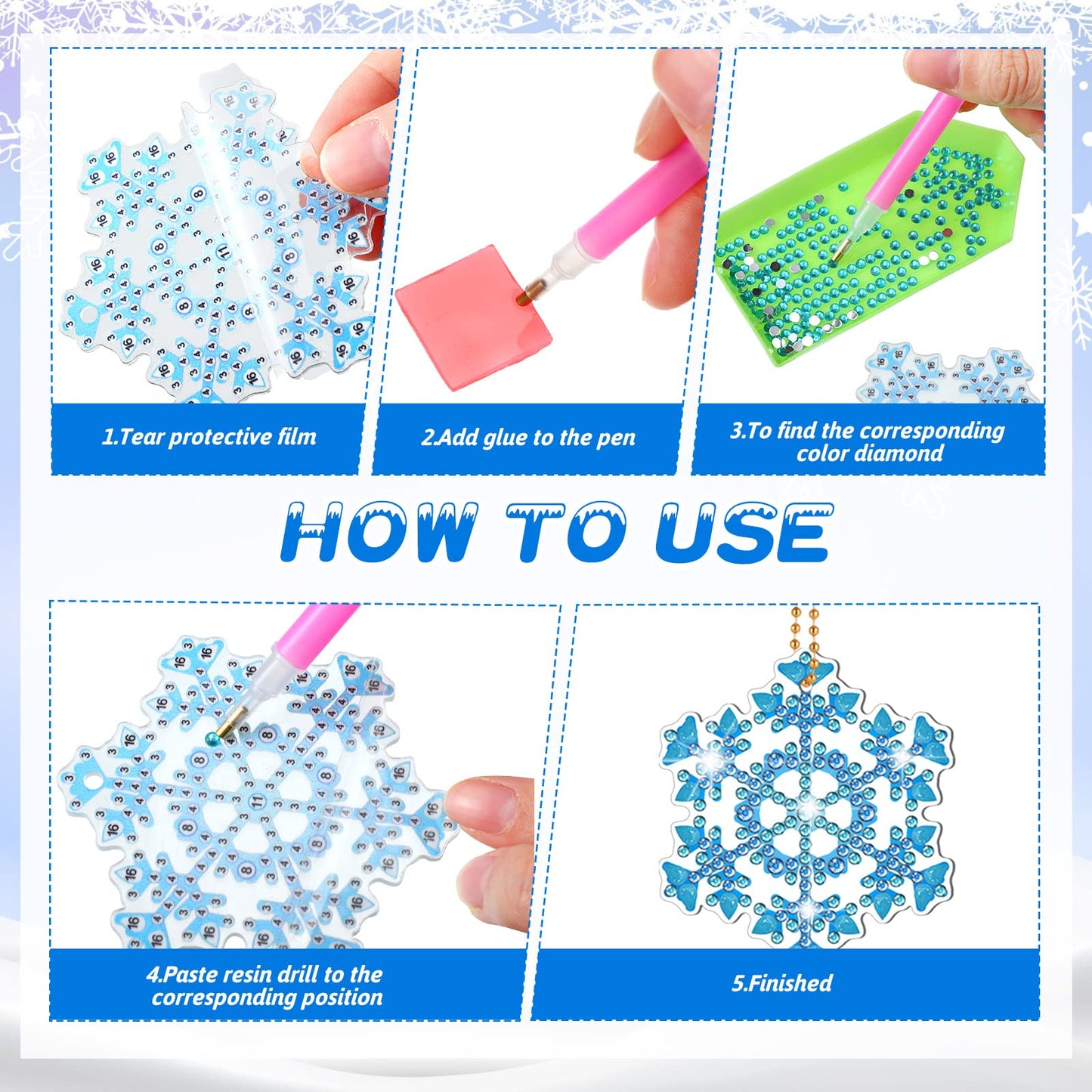Ferraycle 12 Pcs Diamond Painting Keychain Kit Winter Diamond Art Keychain Ornaments 5d DIY Snowflake Diamonds Painting Key Rings for Adults Art Pedants Decor