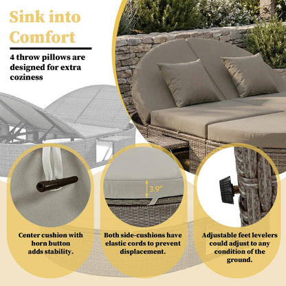 SoarFlash Outdoor Sun Bed Patio 2-Person Daybed, Rattan Sun Day Sofa Bed Reclining Lounger with Adjustable Backrests, Foldable Cup Trays for Lawn Poolside Deck Backyard (Grey)