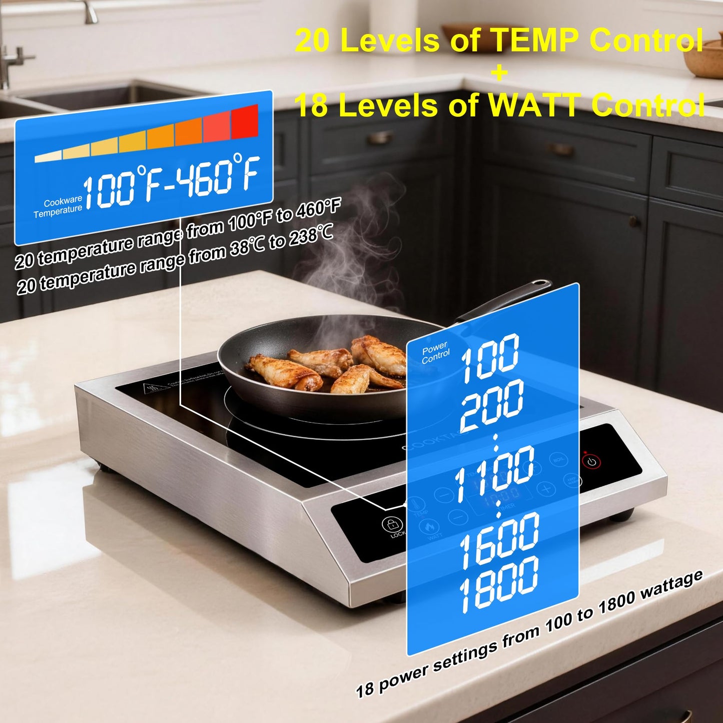 Stainless Steel Induction Cooktop, Professional Commercial Grade Single Burner Electric Cooktop, 1800W Hot Plate Portable Countertop Cooker with Temperature Control, Compatible with Magnetic Cookware