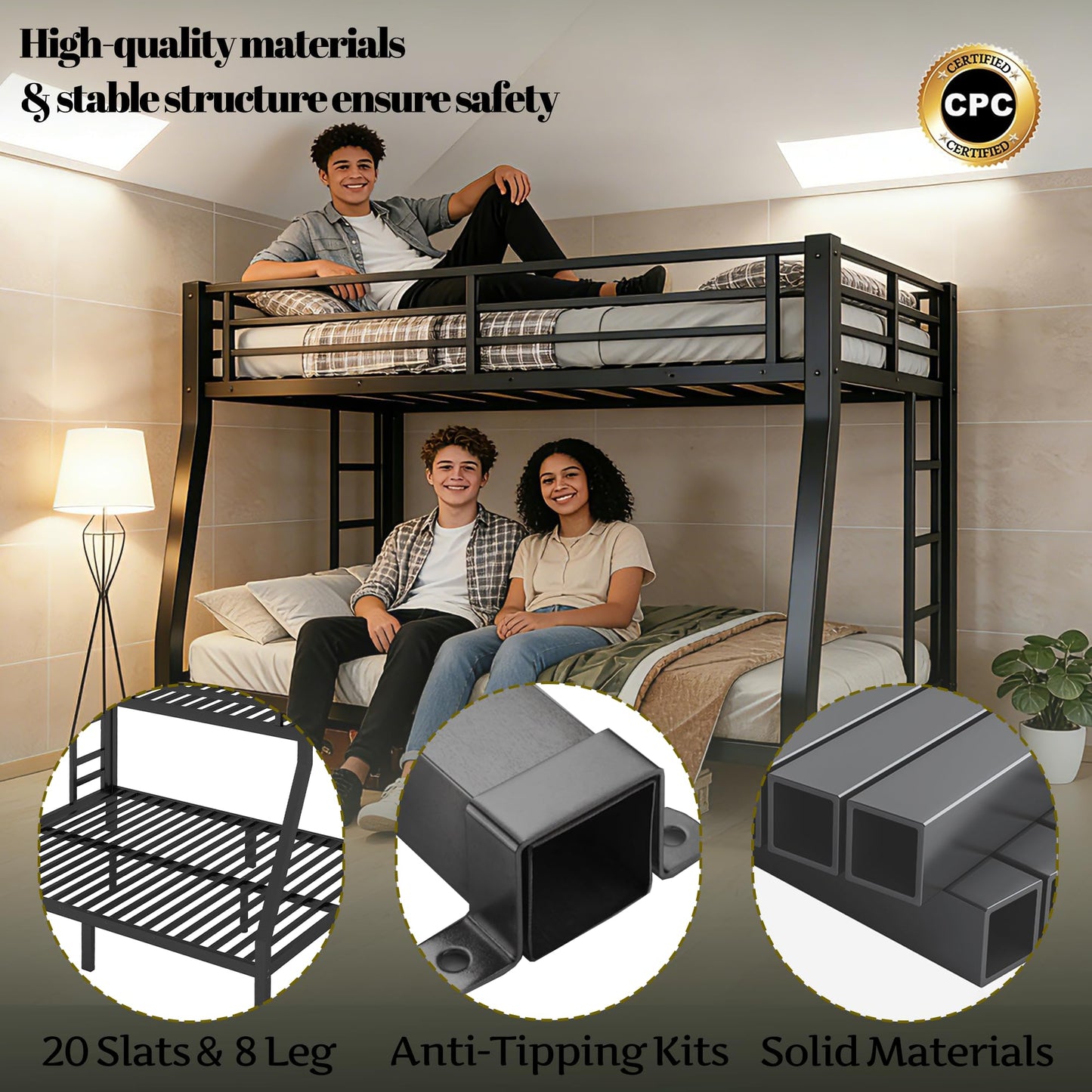 Bellemave Metal Full XL Over Queen Bunk Bed with High Guardrail & Under-Bed Storage, Heavy Duty Bunk Beds Frame with 2 Side Ladders, Full Over Queen Bunk Bed for Adults, No Box Spring Needed, Black