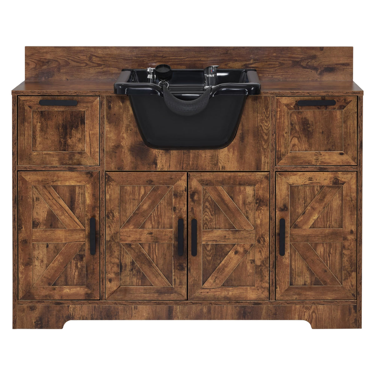 BarberPub Portable Shampoo Station, Shampoo Bowl with Cabinet & Drawer, Salon Geometric Finish Station with Sprayer Faucet, Barber Storage Equipment with Hair Wash Backwash Sink 3439 (Rust Brown)