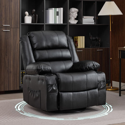 Rocking Recliner Chair for Adults Wide 360° Swivel Rocker Recliner with Cup Holder Nursery Glider with Upholstered Deep Seat PU Leather Comfy Single Sofa for Living Room Black