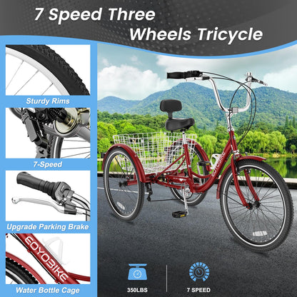 Slsy Adult Tricycle 7 Speed, 20/24/26 Inch Step-Through 3 Wheel Bike for Adults with Large Shopping Basket, 350 lb Capacity Adult Trike for Seniors, Women and Men