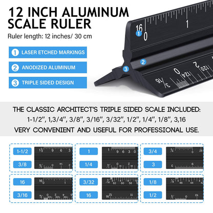 Weewooday 10 Pieces 12 Inch Architectural Scale Ruler Aluminum Triangular Engineering Ruler Scale with 6 in 1 Multitool Pen Ballpoint Pen for Architects, Draftsman, and Engineers
