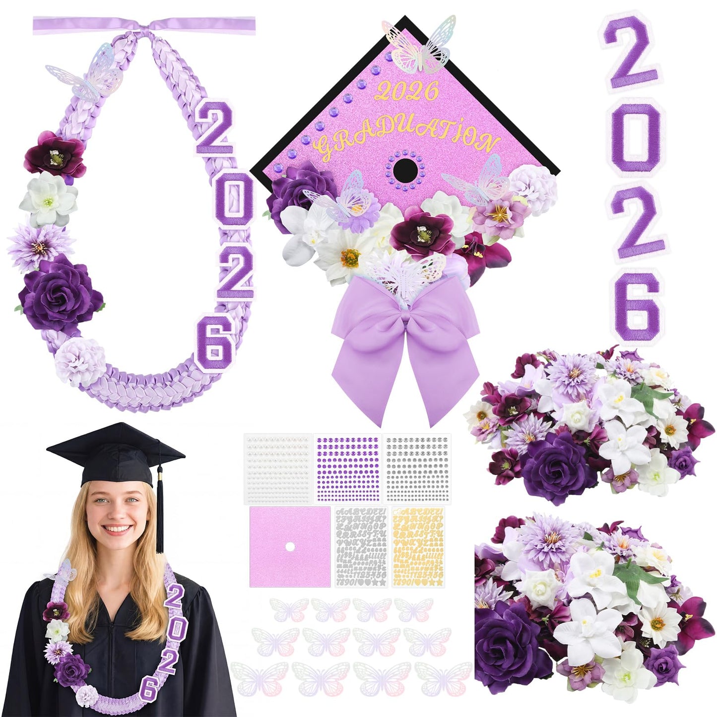 Dunzoom 100 Pcs DIY Purple Graduation Leis and Cap Decorations Kit 55''Double Braided Graduation Ribbon Lei Artificial Flower 3D Butterfly Glitter Paper Grad Cap Topper Accessory for 2026 Grad