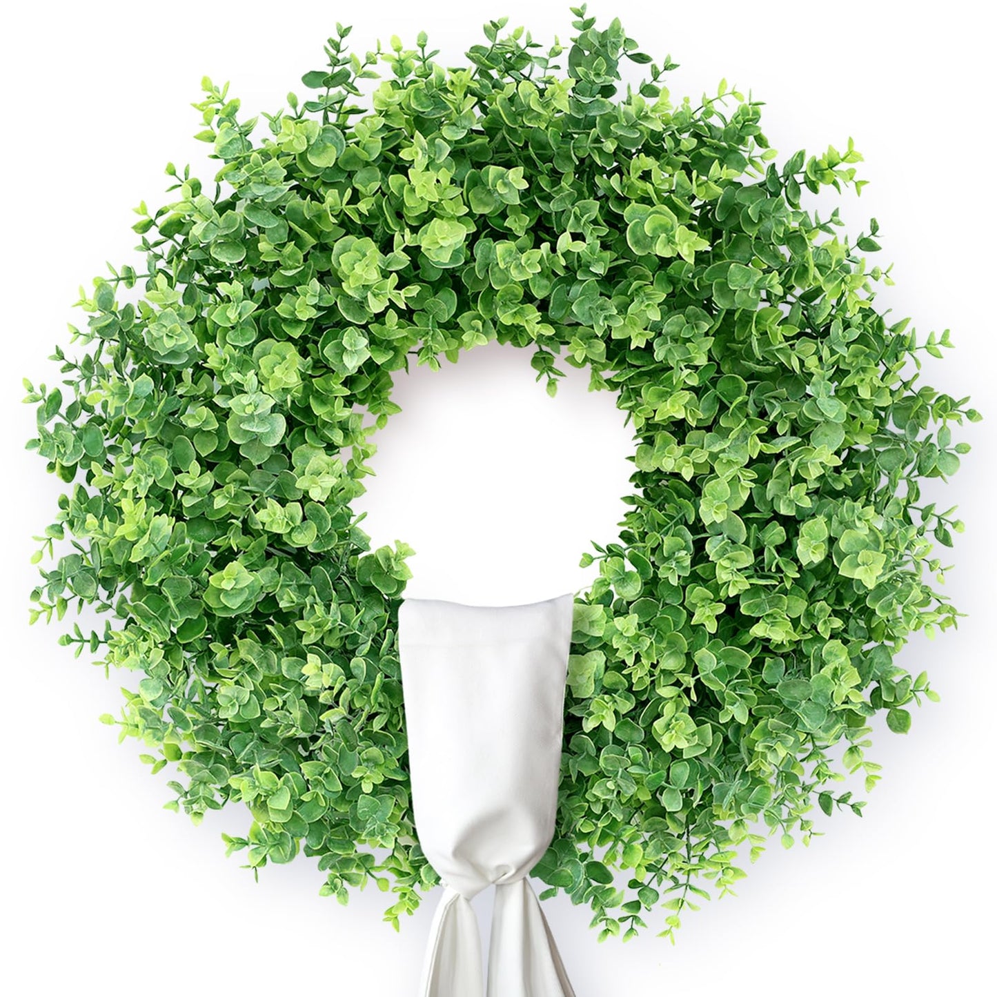 26" Artificial Eucalyptus Wreath with Sash for Front Door, Porch, Window - Large Faux Eucalyptus Leaves Greenery Outdoor Wreath for Home, Farmhouse Decor - Spring, Summer, All Seasons (Green)