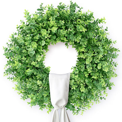 26" Artificial Eucalyptus Wreath with Sash for Front Door, Porch, Window - Large Faux Eucalyptus Leaves Greenery Outdoor Wreath for Home, Farmhouse Decor - Spring, Summer, All Seasons (Green)