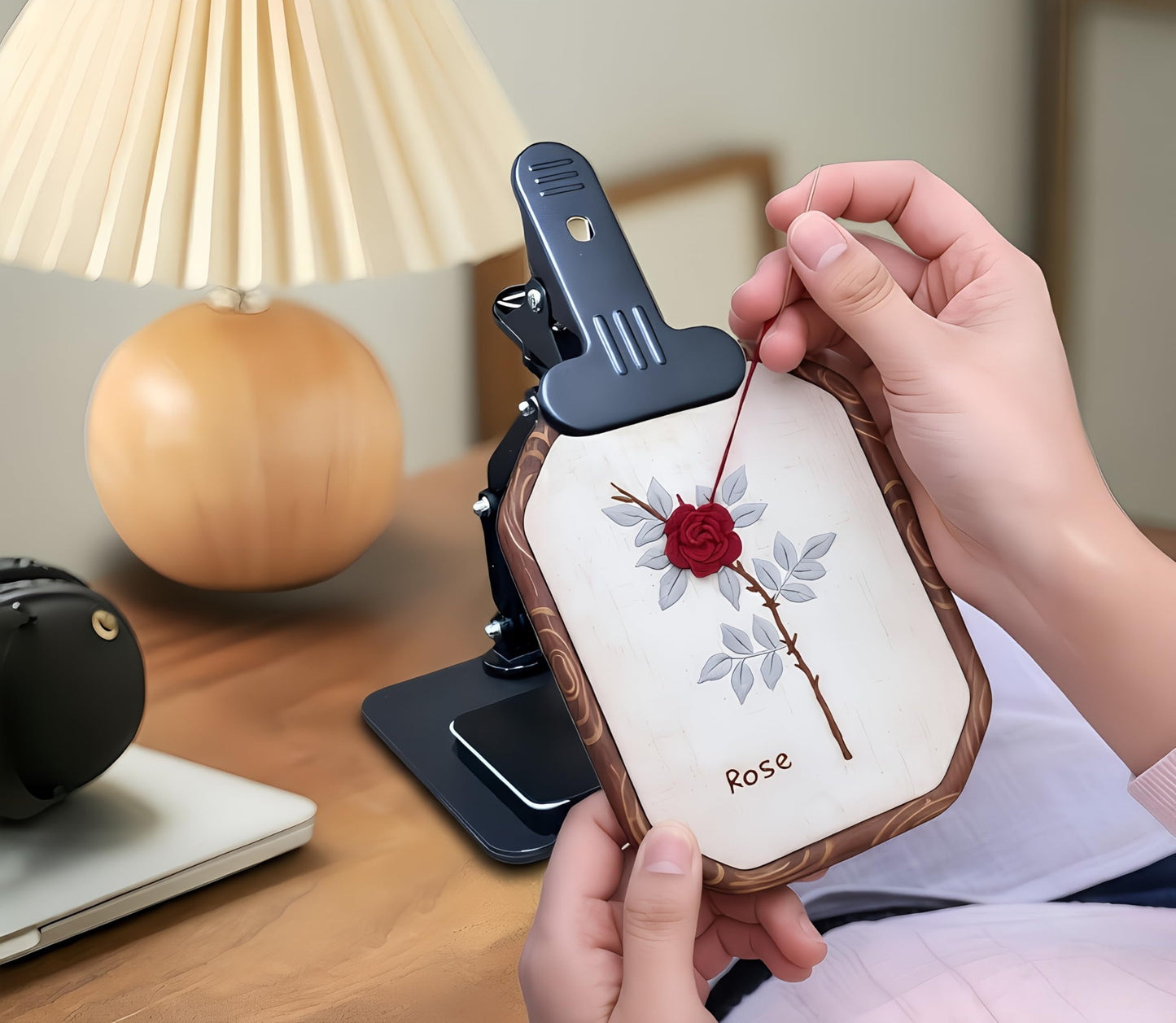 OWFCCLA Embroidery Hoop Holder Stand for Cross Stitch - Adjustable Lap & Table Stand with Weighted Metal Base & Storage Organizer - Hands Free Foldable Embroidery Stand for Floor, Sitting & Tabletop.