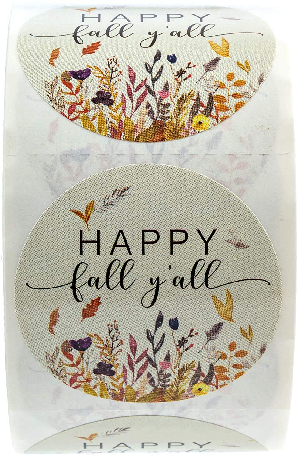 Happy Fall Y'all Stickers / 1.5 Inch Autumn Leaves Circle Labels / 500 Thanksgiving Floral Labels Per Roll