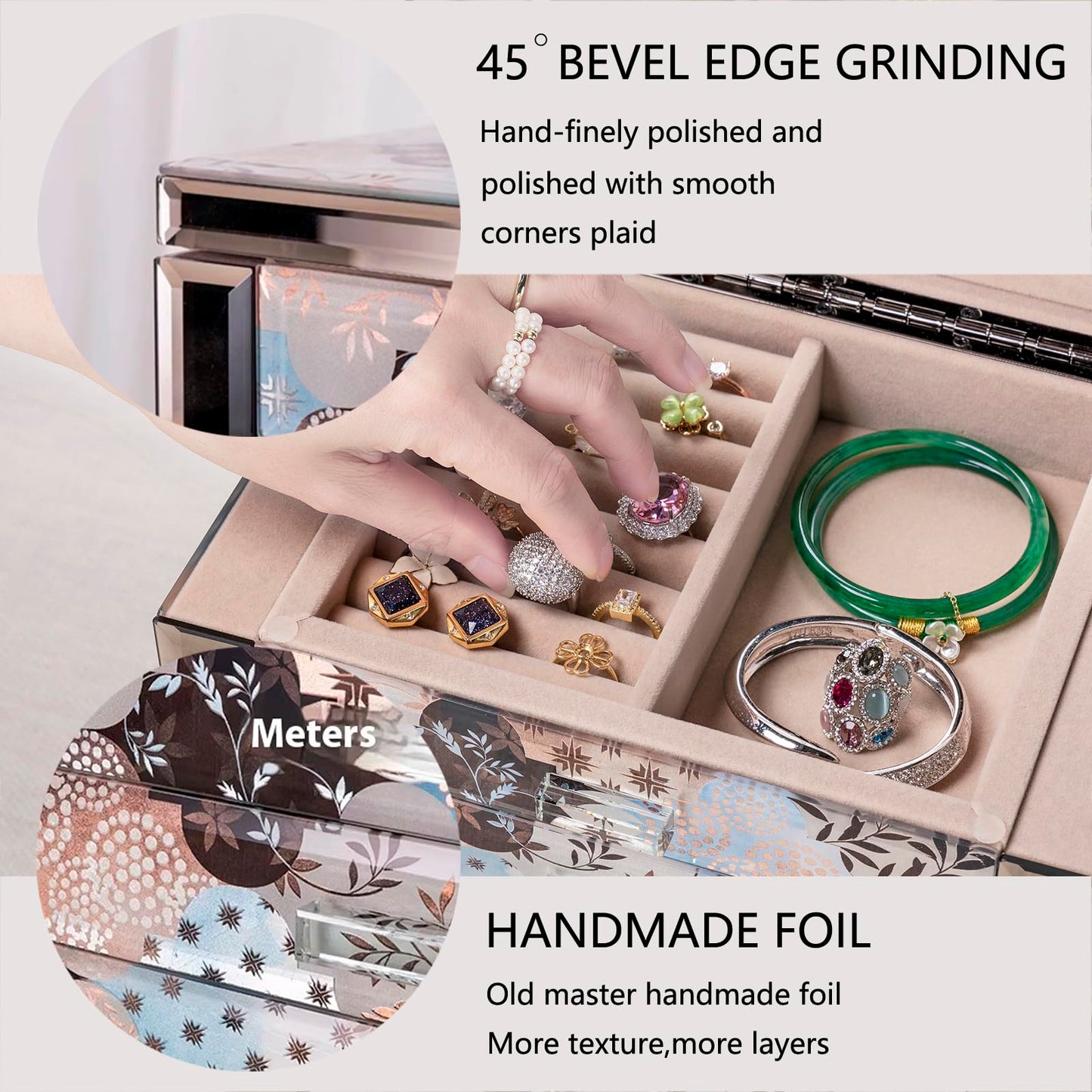 Homruilink High End Glass Jewelry Box, 5 Layer Jewelry Organizer for Women, Side Doors & Mirror, Velvet-Lined Storage for Rings & Necklaces, Ideal Gift (Geometric Floral)