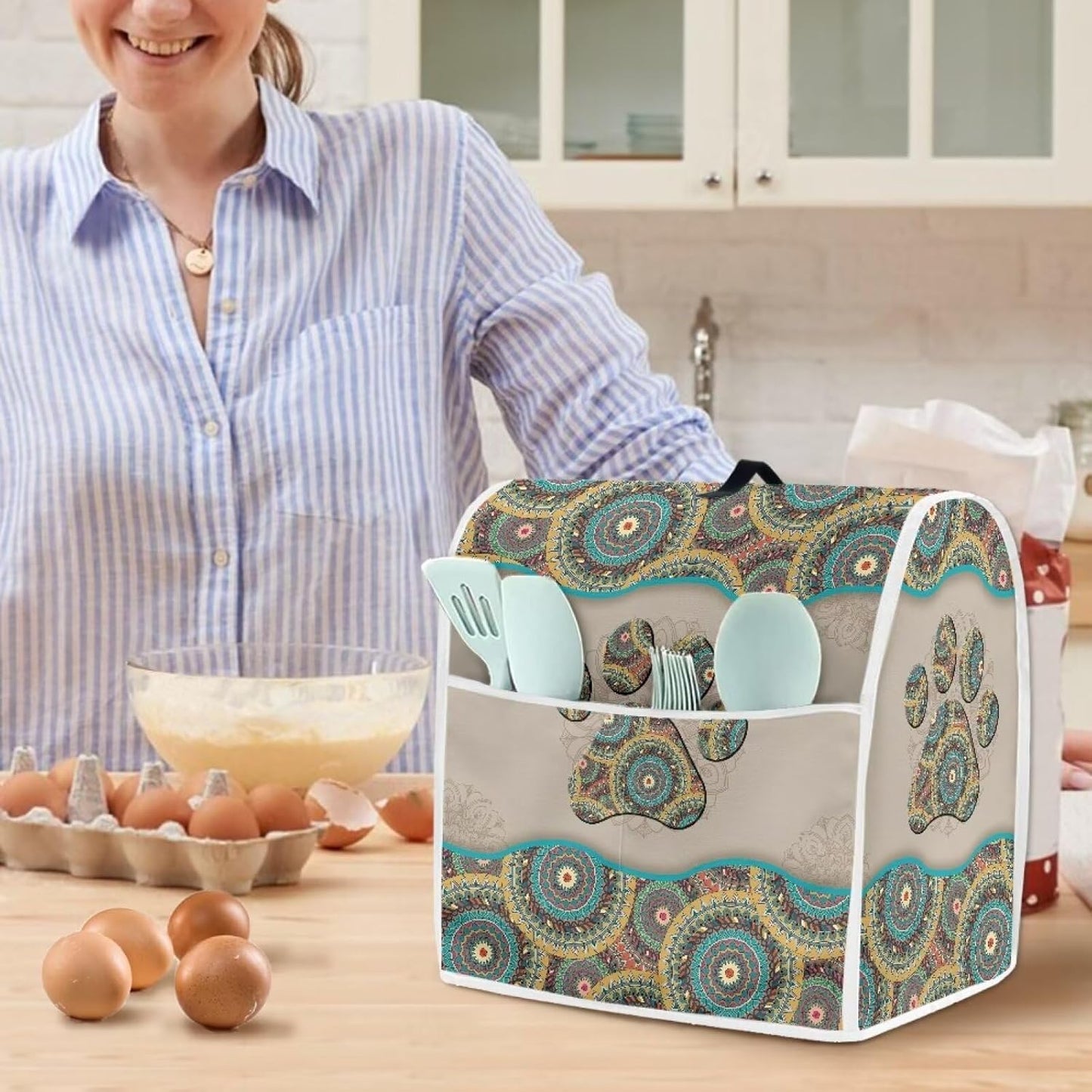 Boho Mandala Kitchen Aid Mixer Cover, Dog Paw Stand Mixer Storage Bag with Pocket, Easy to Clean Holiday Gift