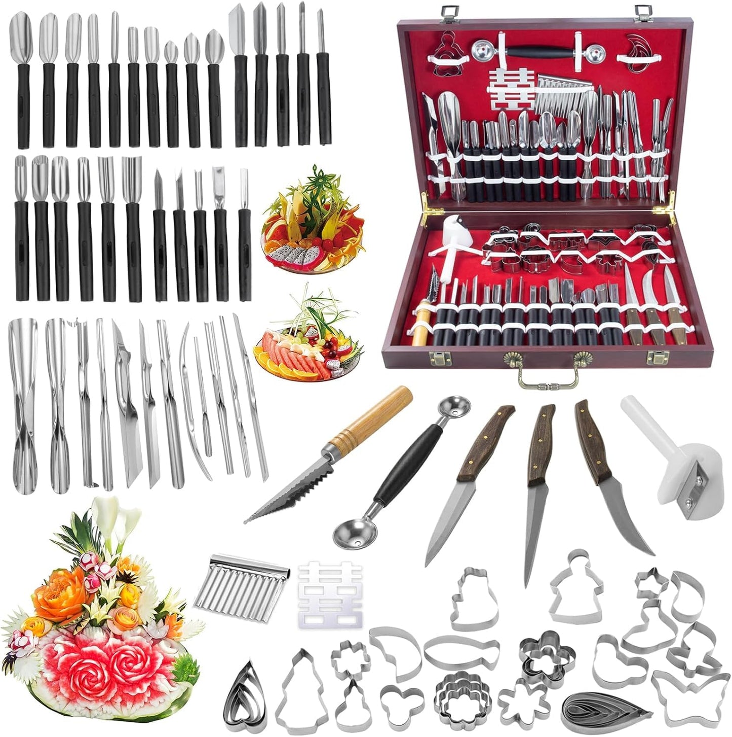 Krbnk 80-Piece Stainless Steel Fruit Carving Tools Set - Professional Watermelon Carving Knife Kit with Ergonomic Handles & Portable Wood Box, Durable Fruit Cutting Tools for Culinary Arts, Sculpting