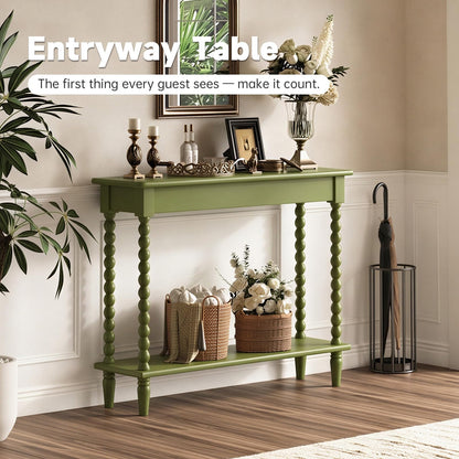 NKGIAG 45'' Vintage Console Table, 100% Solid Wood Tall Entryway Table with 2-Tier Storage for Entrance, Hallway, Foyer, Living Room, Narrow Couch Table Behind Sofa, Minimal Assembly, Green