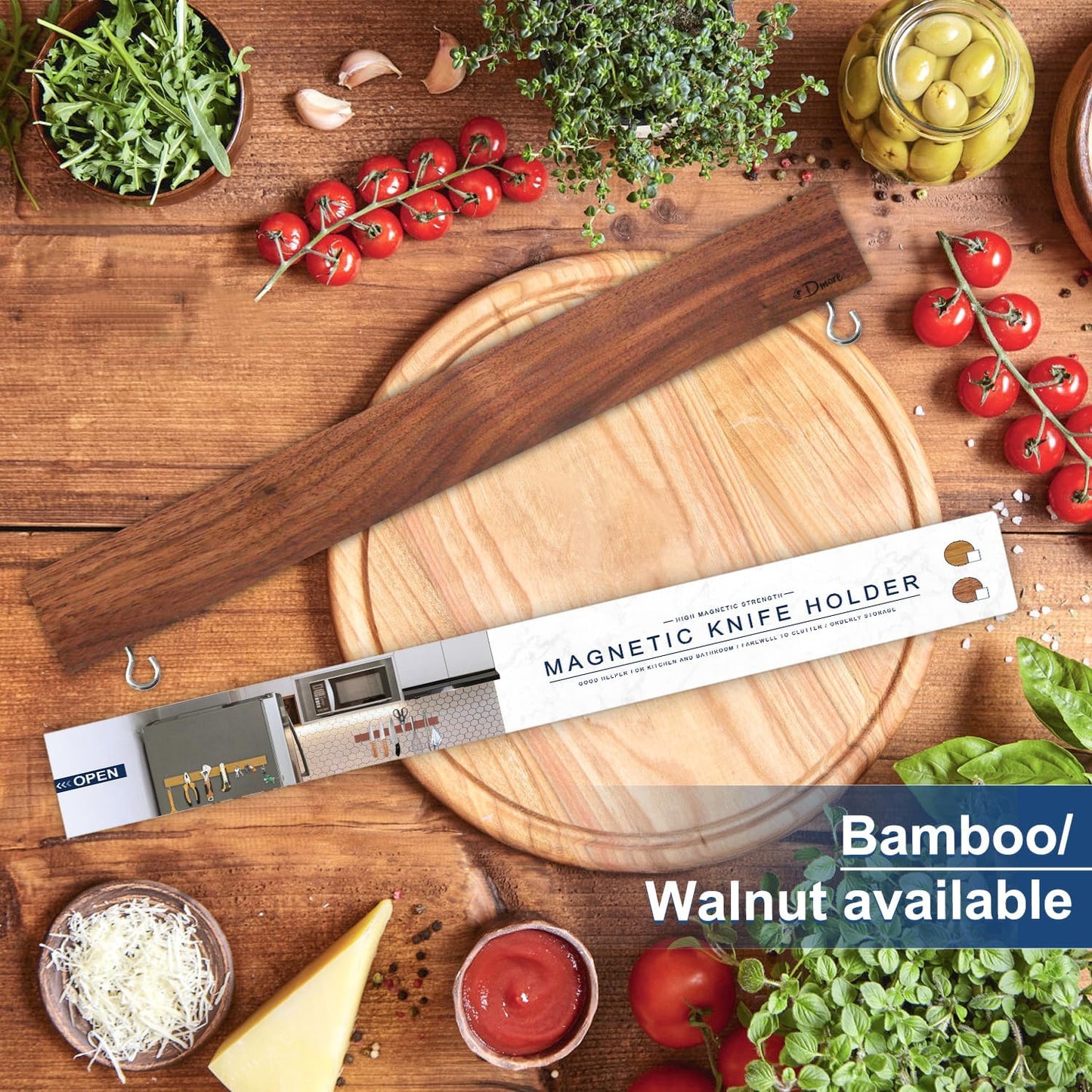 Magnetic Knife Holder for Wall, 16 Inch Walnut Wood Knife Strip with 2 Hooks, Extra Strong Magnet