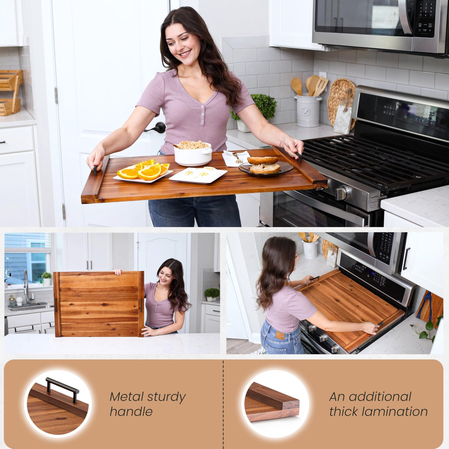 TIDITA Acacia Wood Stove Top Covers for Electric Stove - Wooden Noodle Board for Gas Stovetop - Stove Top Covers for Gas Burners - Wooden Kitchen Sink Cover for Counter Space & Decorative Tray