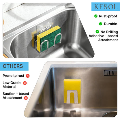 KESOL Kitchen Sponge Holder | Sink Caddy for Sponges, Scrubbers, Soap. No Drilling, Adhesive, Rustproof SUS304 Stainless Steel, Compact Kitchen Sink Accessories