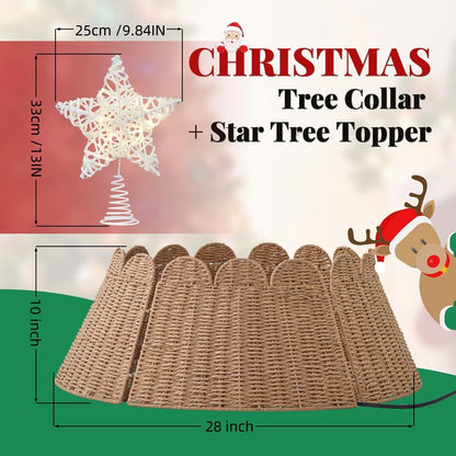 TOSTOOIRX Scalloped Rattan Christmas Tree Collar 28 Inch Hyacinth Xmas Tree Ring with Star Tree Topper, Woven Tree Base Cover for Holiday Home Decoration, Handcrafted Farmhouse Christmas Tree Decor