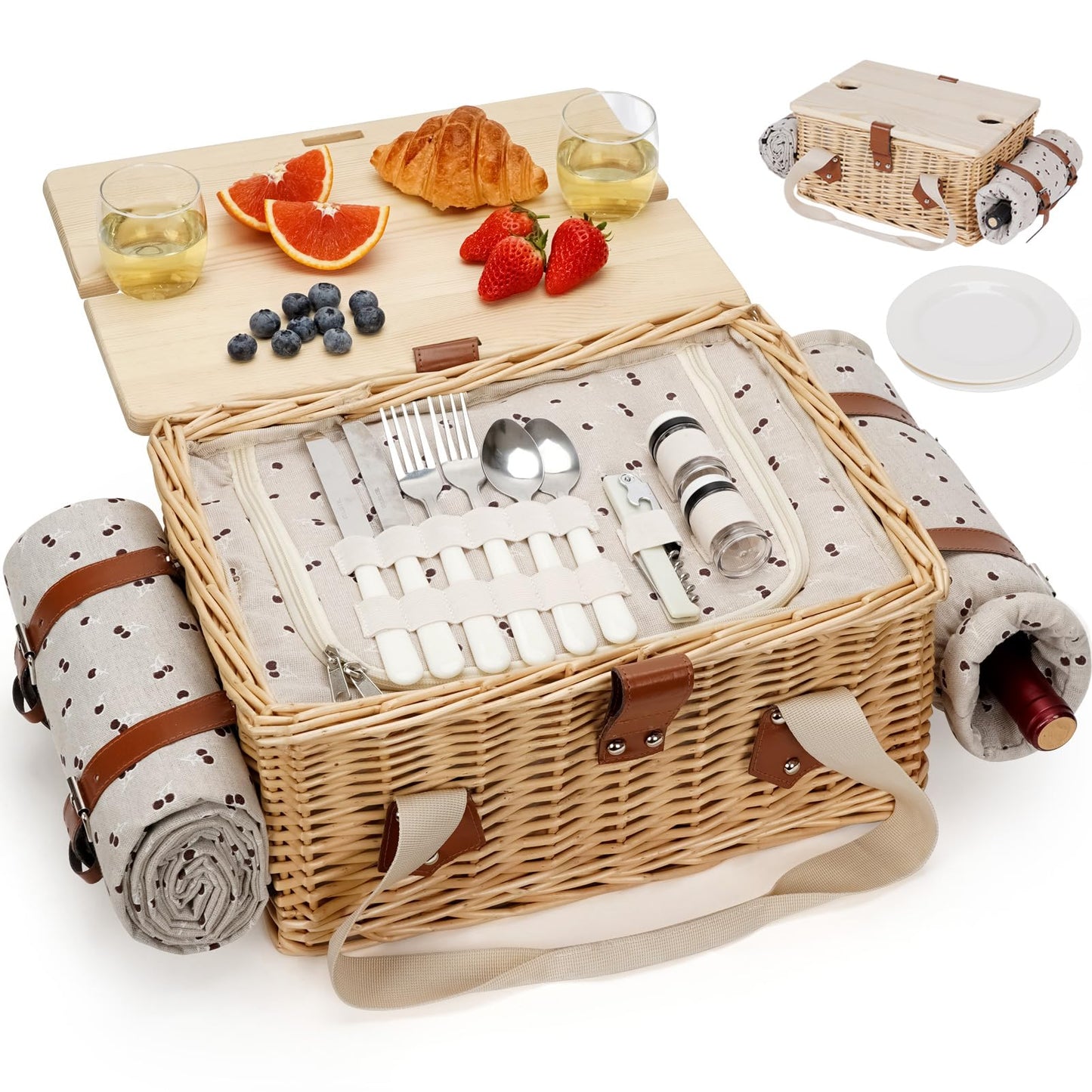 HappyPicnic Picnic Basket for 2, Handmade Wicker Picnic Set with Folding Table and Waterproof Blanket, Large Insulated Picnic Basket with Wine Bag & Cutlery Kit for Picnic, Camping, Holidays (Cherry)