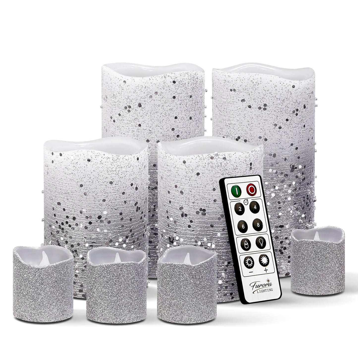 FURORA LIGHTING Silver Glitter LED Candles with Remote and Timer, 4 Pillars and 4 Votives Pack of 8, Real Wax Flameless Flickering Candles for Home Décor, Battery Included