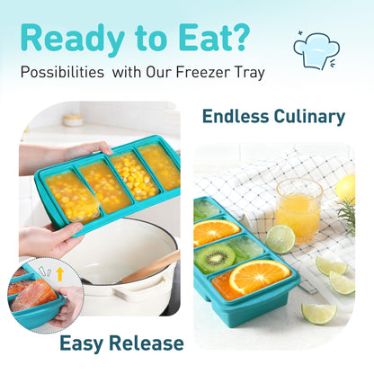 Silicone Freezer Tray With Lid Soup Freezer Container Molds with Steel Reinforced Rim Ice Cube Freezer Molds for Soup, Sauce, Leftovers, Homemade Meal Prep Containers Portion Control Food Storage