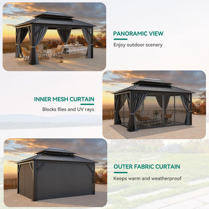 YITAHOME 12x16ft Hardtop Gazebo with Nettings and Curtains, Heavy Duty Double Roof Galvanized Steel Outdoor Combined of Vertical Stripes Roof for Patio, Backyard, Deck, Lawns, Gray