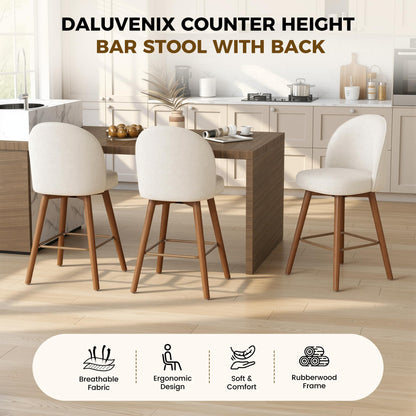 Daluvenix Modern Swivel Bar Stools Set of 3, Chic Upholstered Counter Height（26IN） Bar Chair with Back, Solid Wood Legs and Footrest, Comfortable Chenille Bar Stool for Kitchen Island, Cream White