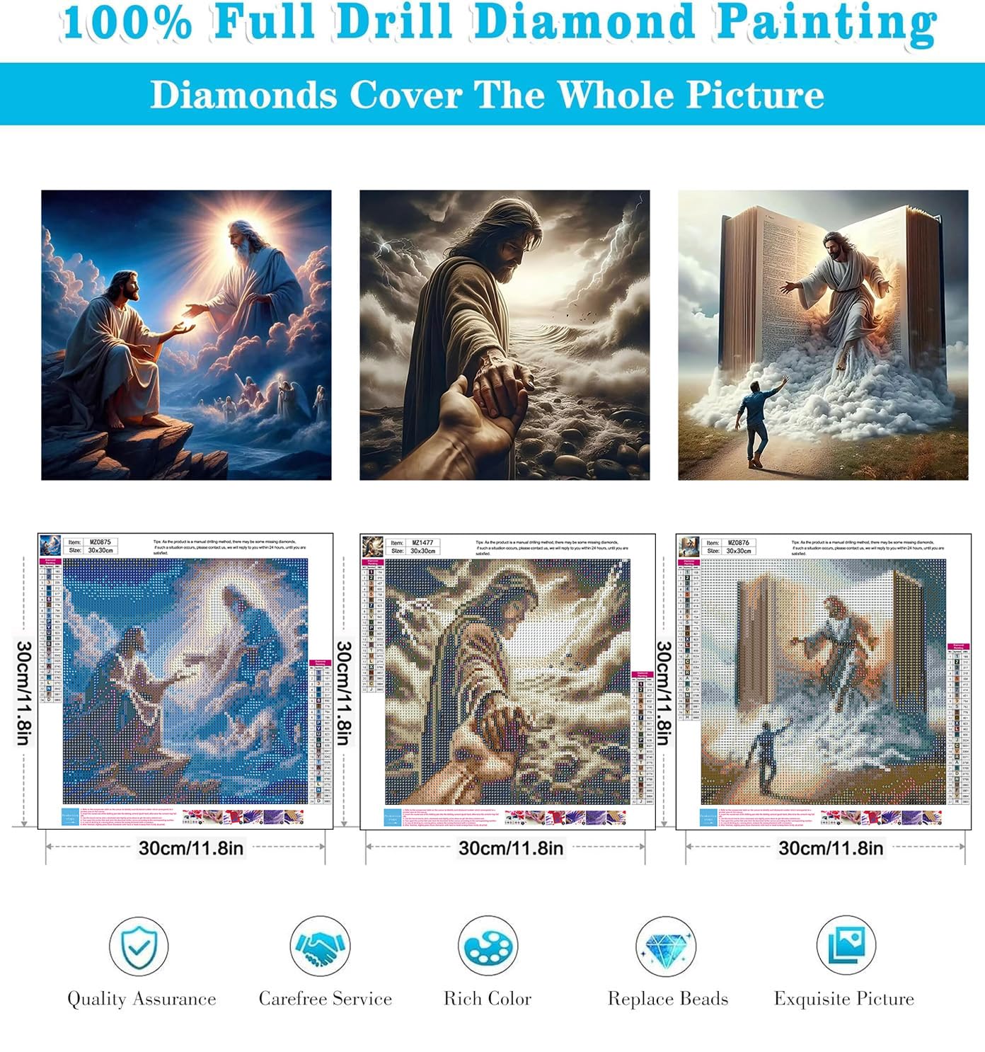 Zythron 3PCS Diamond Art Kits for Adults Jesus Diamond Painting Religion Diamonds Art DIY 5D Full Drill Gem Art Jesus Christ Painting Kit for Home Wall Decor Gifts 12x12 in