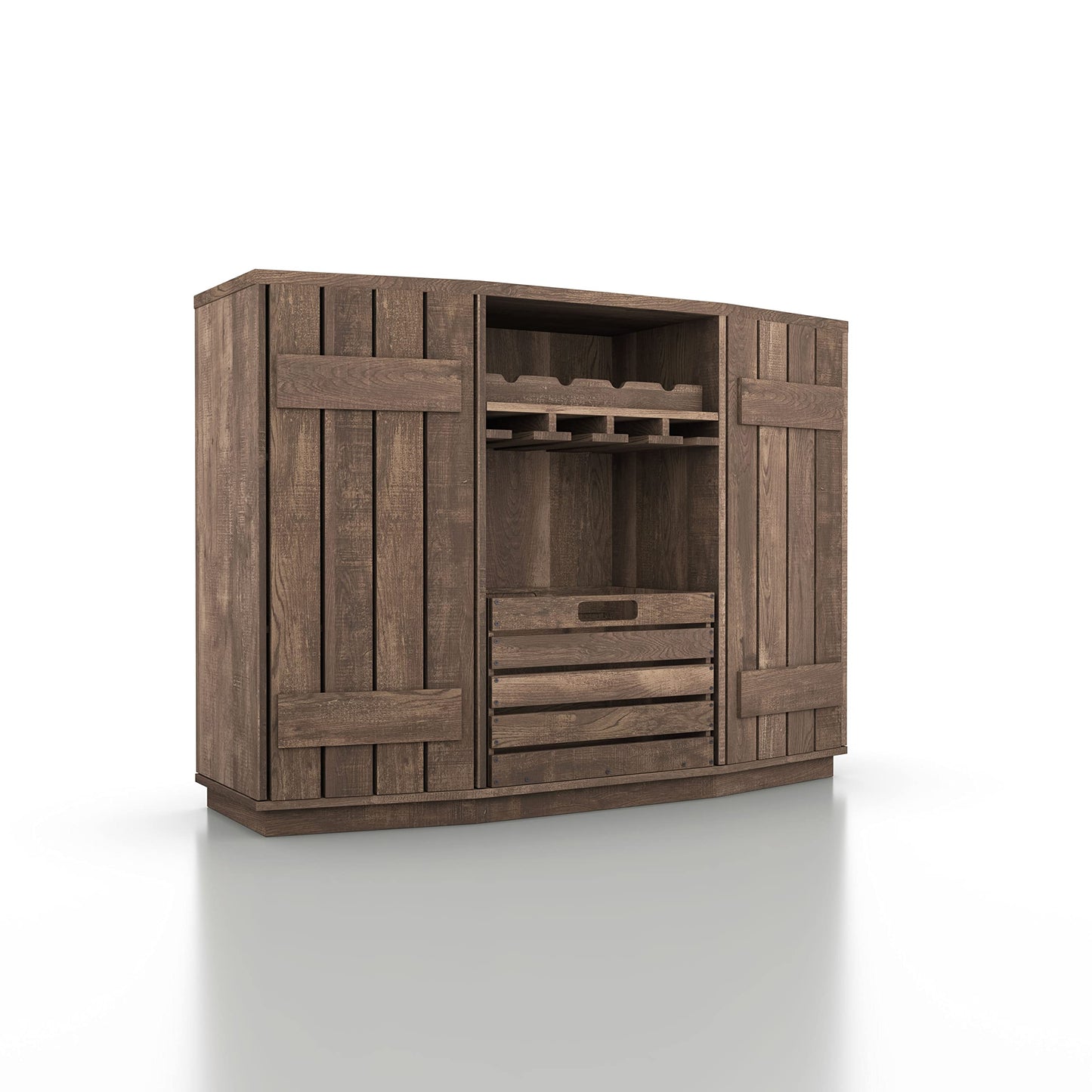 Homes: Inside + Out Lopez Farmhouse 2 Side Cabinets, 3 Shelves 48 in. Buffet with Removable Crate and Four Bottles Wine Rack, Sideboard for Kitchen, Dining Room, Reclaimed Oak Brown