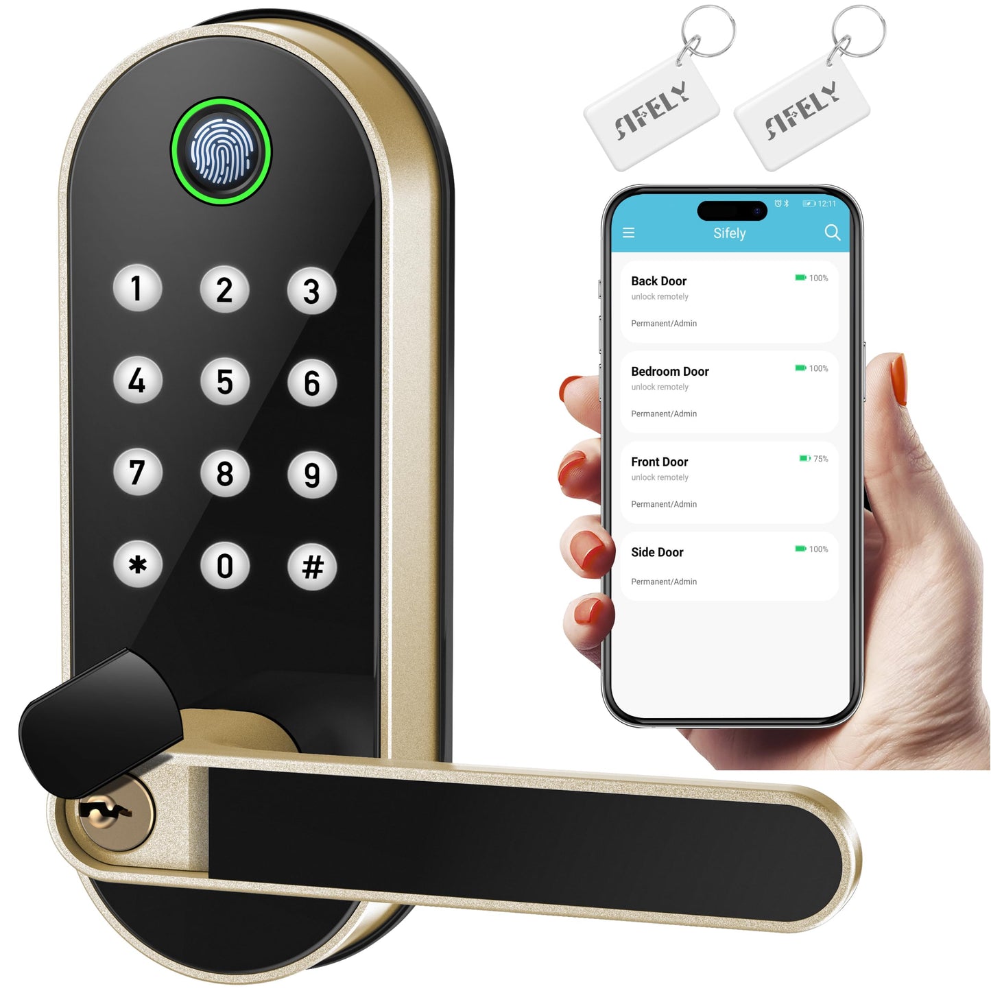 Keyless Entry Fingerprint Smart Lock with Handle & Keypad: Sifely Biometric Digital Electronic Lock with Code, Electric Deadbolt Door Knob for Front, Interior, Exterior & Bedroom Doors (Black)