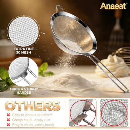 Anaeat Fine Mesh Strainers - Premium Stainless Steel Colander Sieve Sifters, with Durable Mesh and Sturdy Handle, Excellent for Sifting Dry ingredients, Flour, Pastas, Rice, Tea (2.8"+4.73"+7.09")