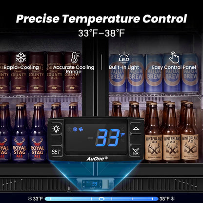 35.42" W Commercial Under Counter Beverage Refrigerator, 2 Glass Door Back Bar Cooler, Built-in/Freestanding 7.4Cuft Drink Fridge with LED Light, Auto Defrost, Low-E Glass & Safety Lock, Rebound door
