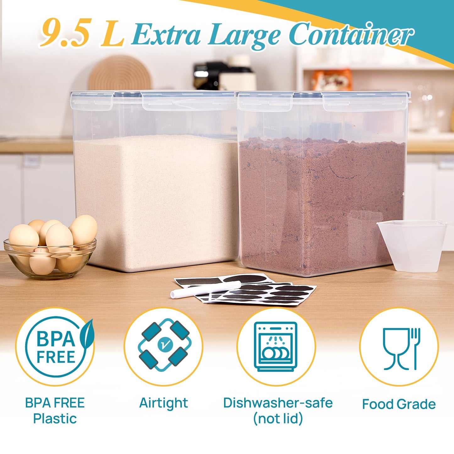 Vtopmart 9.5L 2 Pack Extra Large Flour Sugar Storage Containers for 25lbs flour, Airtight Kitchen Pantry Organization Canisters with Lids for Bulk food, Rice, Baking Supplies, BPA Free, Black