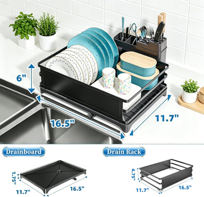 Simple Trending Dish Drying Rack, Dish Drainer for Kitchen Counter, Dish Rack with Tray for Large Capacity, Black