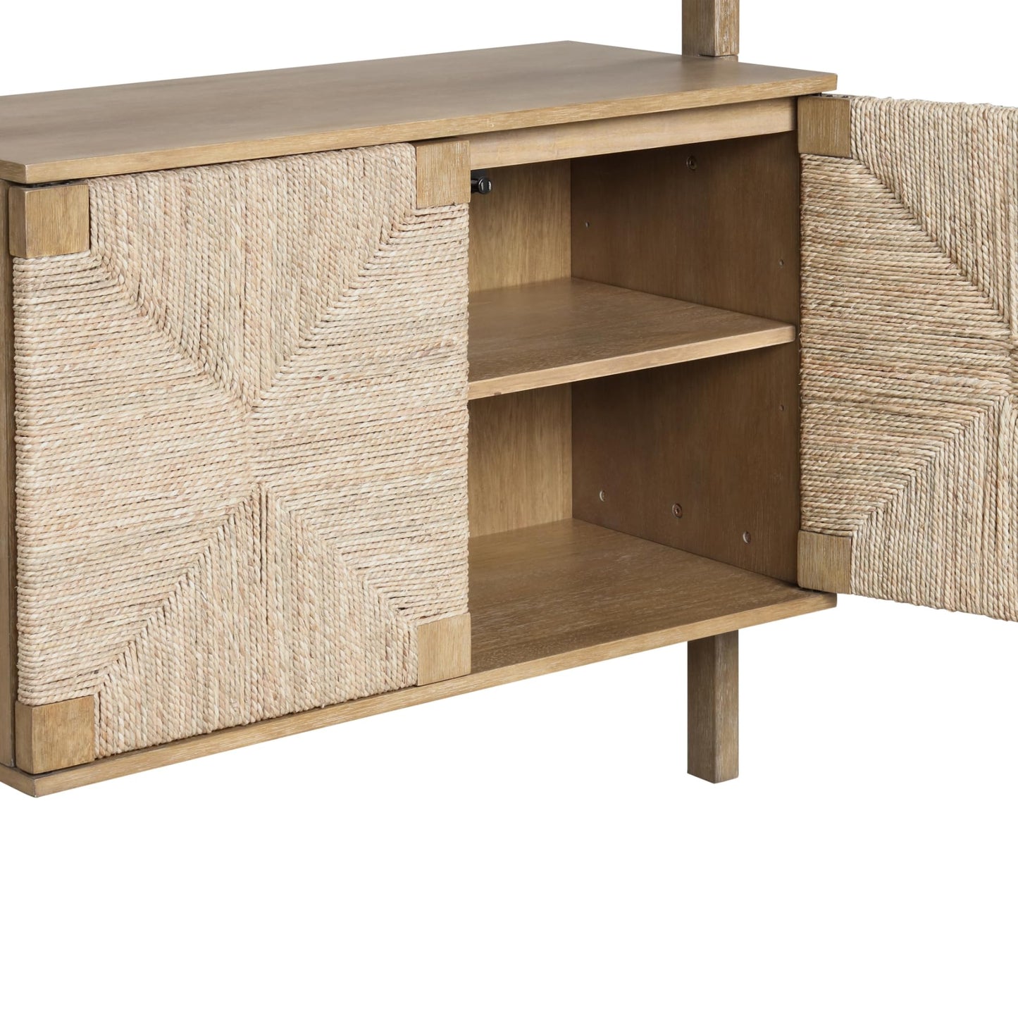 Nathan James Beacon 3-Shelf Solid Wood Bookshelf with Storage Cabinet, Bohemian Wall Mounted Shelf with Seagrass Door Fronts, Set of 2