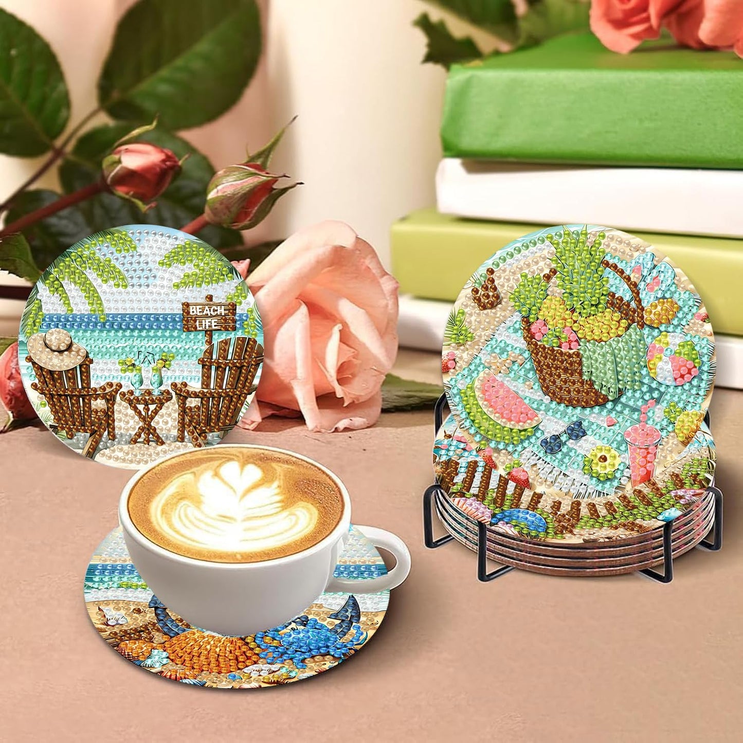 8 PCS Diamond Art Coasters Kits Beach Diamond Painting Coaster Kits Diamond Coasters with Holder Cork Pads Gem Art Dots Paintings Crafts Supplies for Adults Beginners
