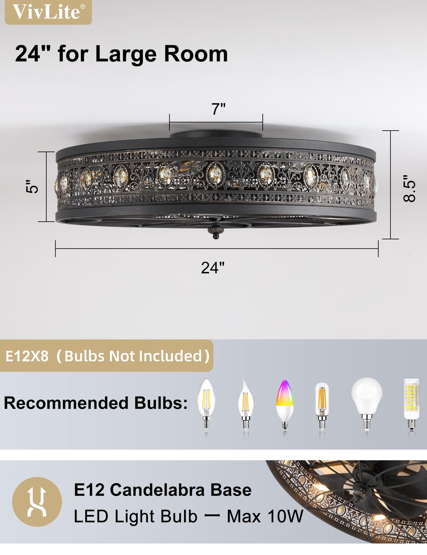 24 Inch Ceiling Fan with Light and Remote,24" Bladeless Caged Fandelier,Low Profile Flush Mount Enclosed Crystal Chandelier Ceiling Fan Light Fixture for Master Bedroom,Dining Room,Living Room,Kitchen