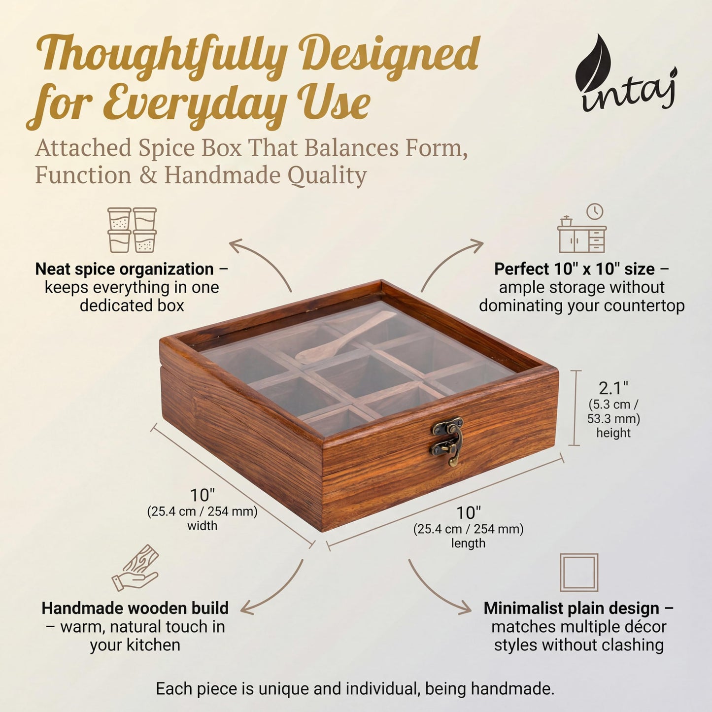 INTAJ Wooden Spice Box Organizer Square Masala Dabba 9 Compartment Seasoning Herb Container Cabinet Pantry Drawer Rack Storage Countertop Shelf Gift For Kitchen Home Cooks Display Set Organiser