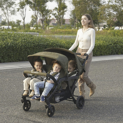 Familidoo H4E Quad Lidoo Lite 4-Seater Stroller Wagon for Kids, Lightweight & Foldable with Reclining Seats, 5-Point Harness, Double Canopy & Rain Cover (Olive)