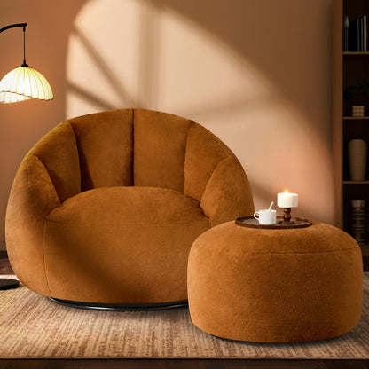 Gericco Giant Bean Bag Swivel Chair for Adults with Ottoman - Comfy Plush Round Shell Soft Accent Chaise Lounge Indoor Chair, Oversized Cozy Floor Sofa for Living Room Game Rooms, Orange