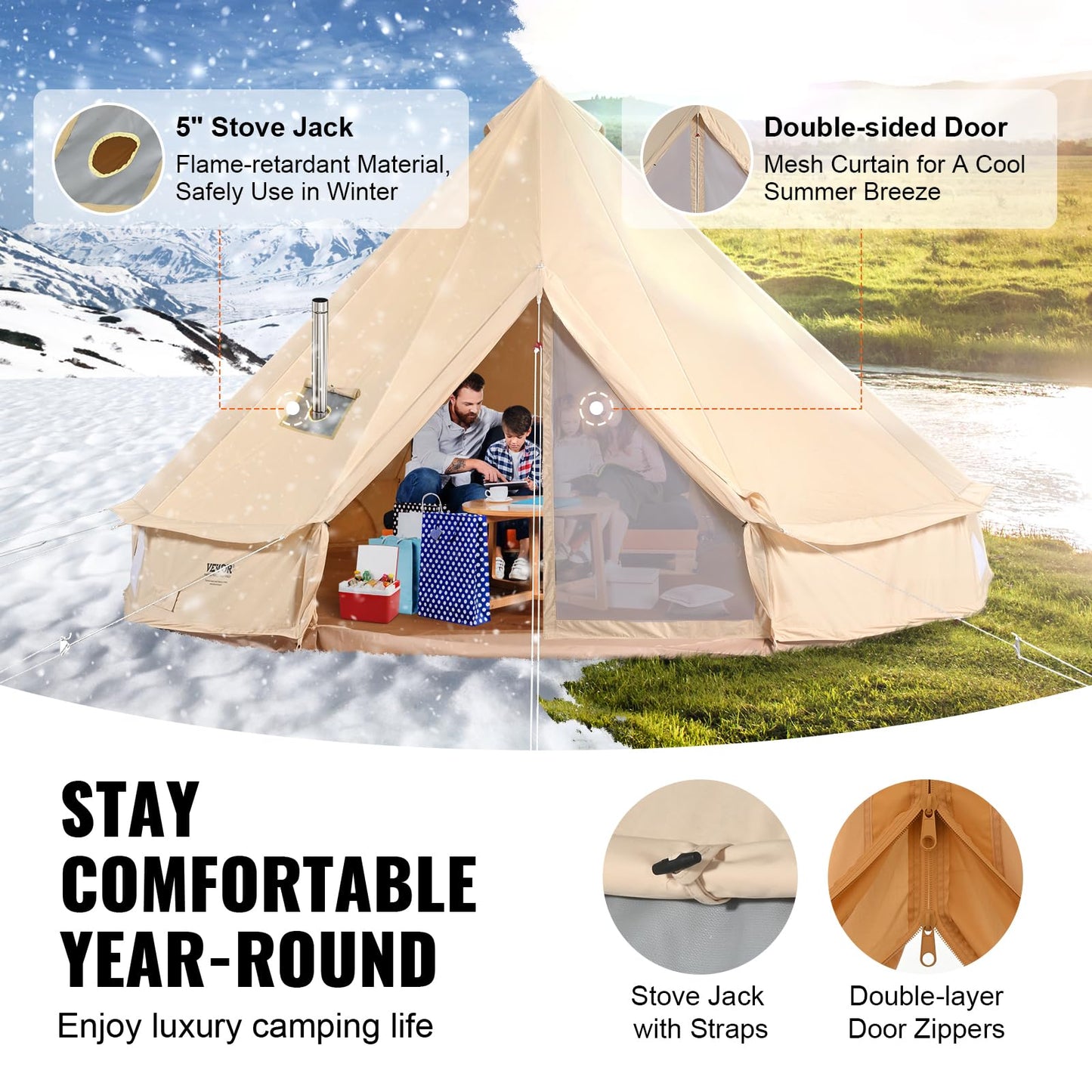 VEVOR Canvas Bell Tent,4 Seasons 5 m/16.4 ft Yurt, for Camping with Stove Jack, Family Camping Outdoor Hunting Party