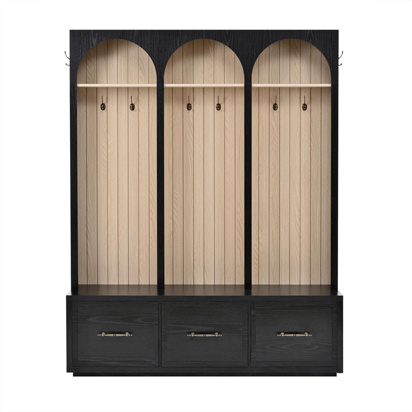 Ball & Cast Farmhouse Hall Tree with Bench, 59" Entryway Storage Bench with Arched Design, 8 Metal Hooks, 3 Drawers Shoe Organizer, Wooden Style Coat Rack for Living Room, Black