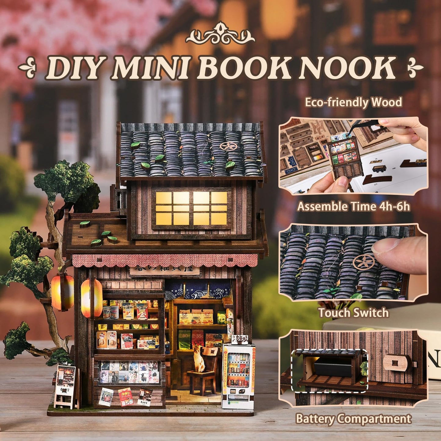 BETESINE Book Nook Kit for Adults 14+, Japanese Miniature House with LED Light and Dust Cover, DIY 3D Wooden Puzzle Bookshelf Insert Decor, Creative Craft Gift for Teens and Book Lovers