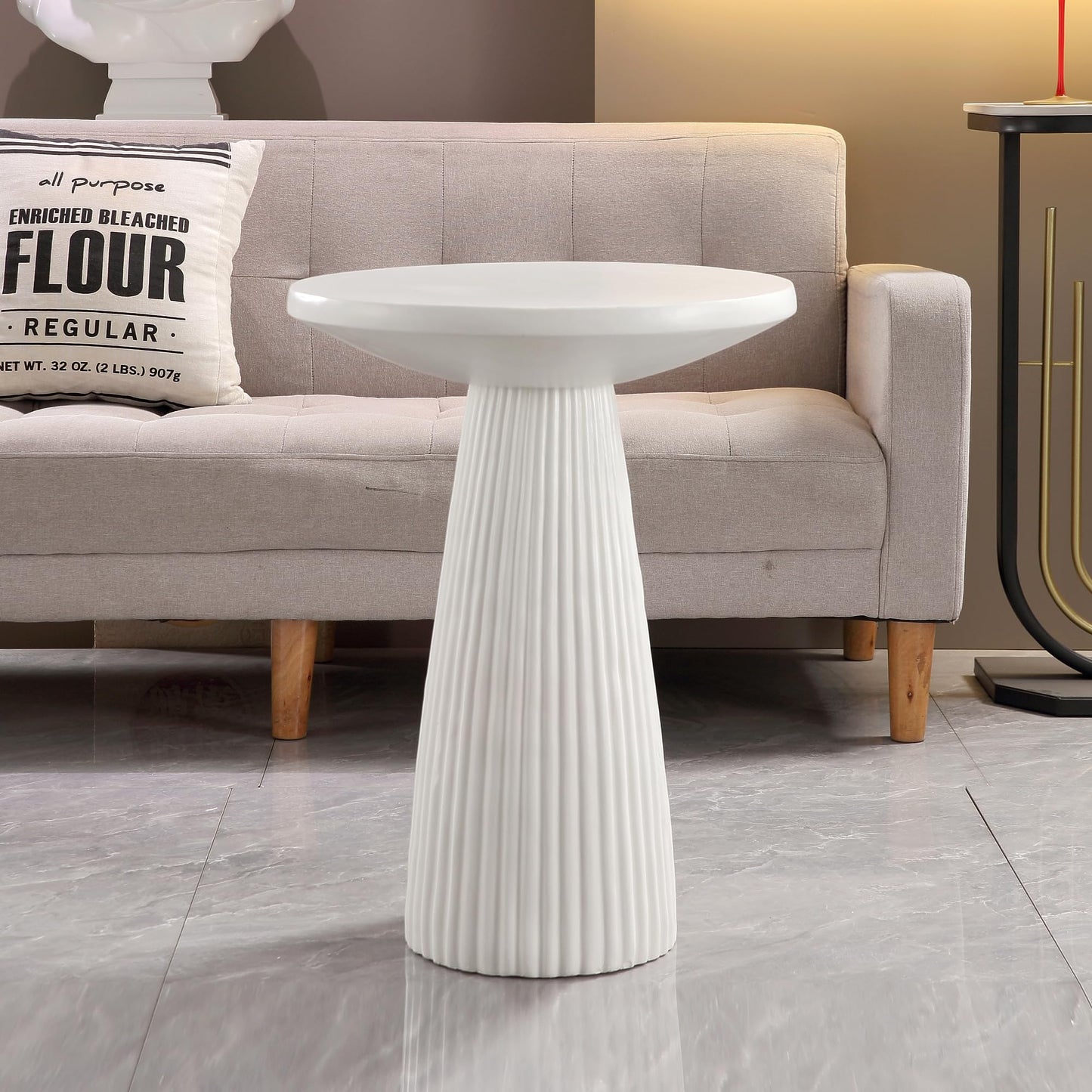 KEIKI Magnesium Oxide Fluted Base Side Table, 19.69" Round End Table for Indoors, Outdoors, Mid-Century Modern Side Table, Circle Fluted End Table for Living Room Patio, Ivory White