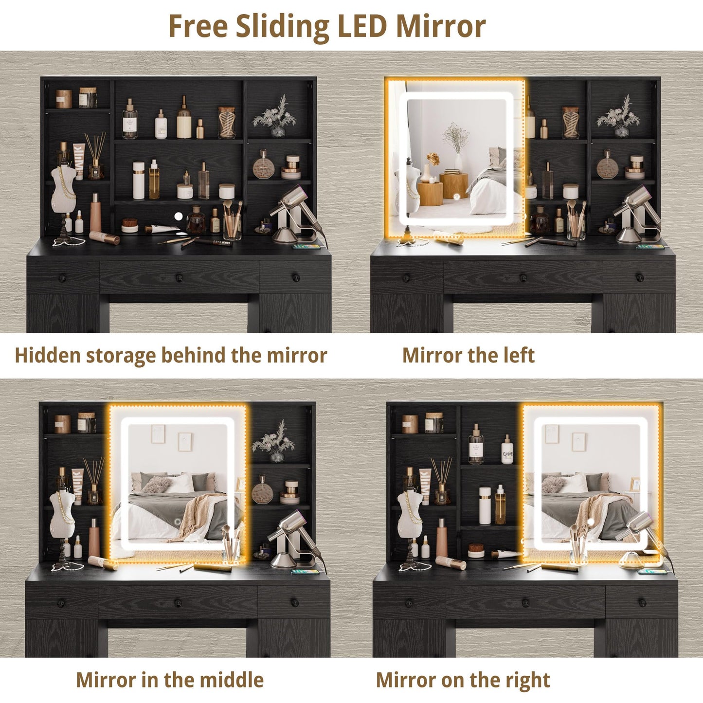 IRONCK Vanity Desk Set with Large LED Lighted Mirror & Power Outlet, 7 Drawers Vanities Dressing Makeup Table with Storage Bench, for Bedroom, Industrial Style Black