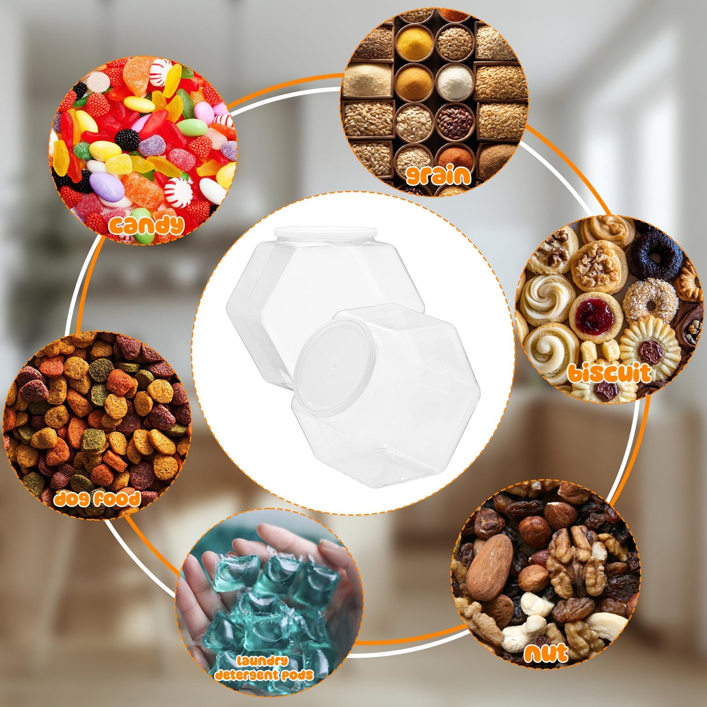 4 Pack Plastic Candy Jars with Lids Hexagon Cookie Jars Kitchen Counter Candy Bar Containers Acrylic Clear Containers for Buffet Storage Display Dog Treat Laundry Pod Buffet Craft Kitchen Storage