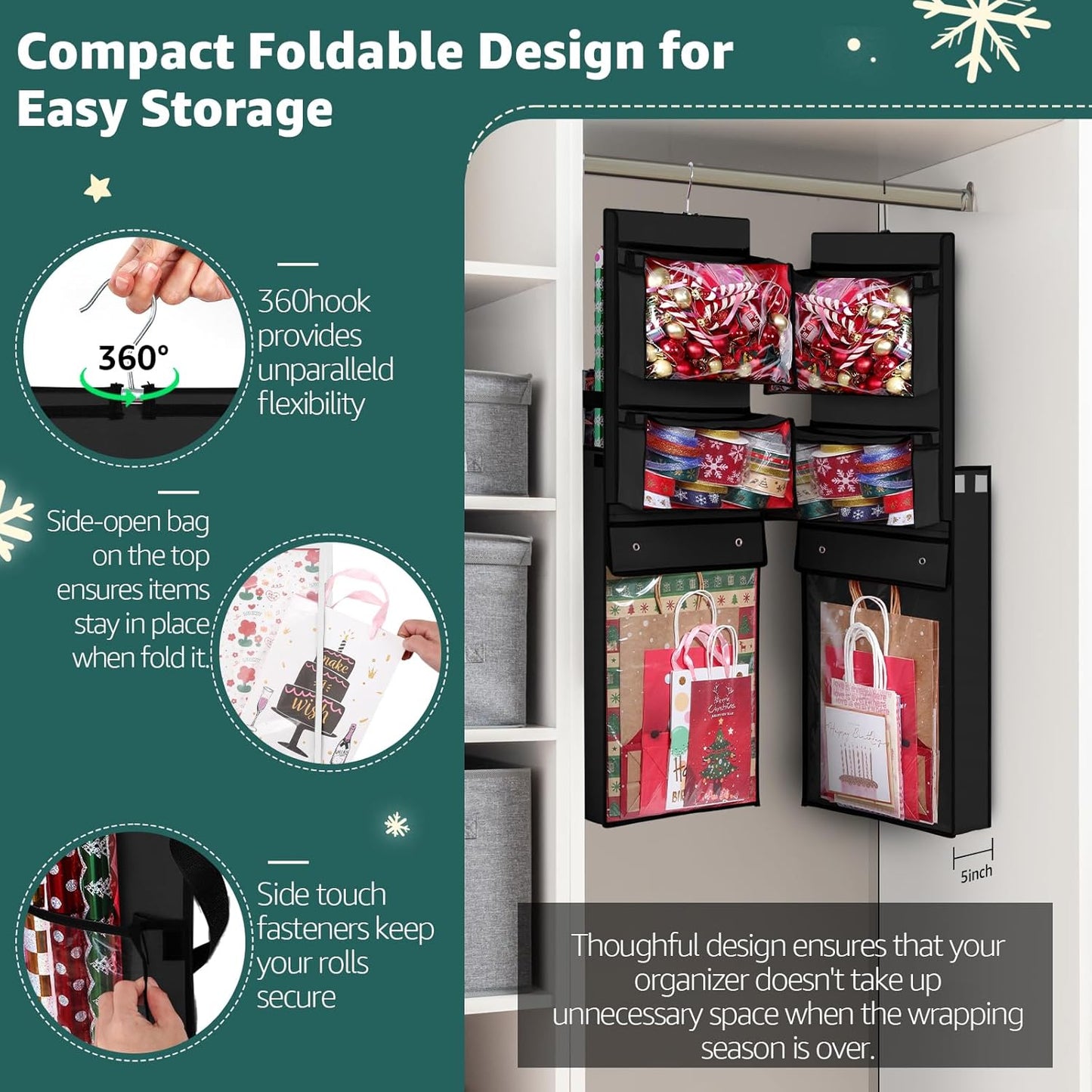 Woodoulogy Wrapping Paper Organizer - Double-Sided Gift Wrap Roll Holder | 63"x13" Over Door Storage, Black